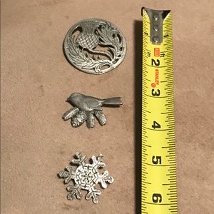 Snowflake, bird and pineapple wreath pewter pins